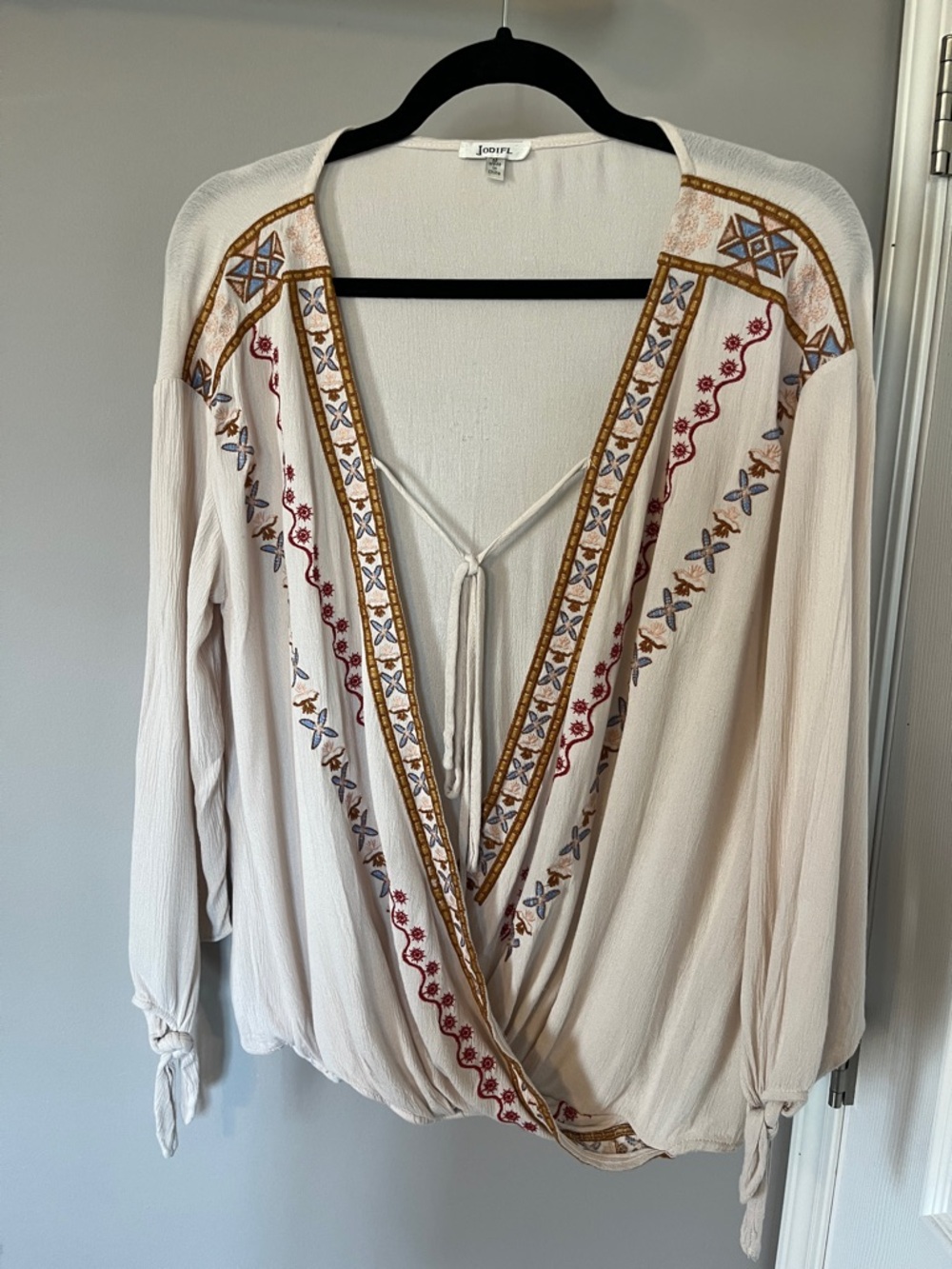 Cream Embroidered Tie-Front V-Neck Blouse